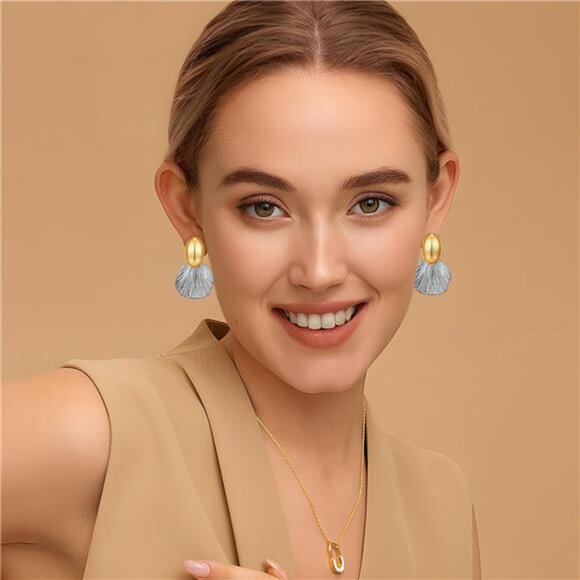 Two-Tone Chunky Earrings | Gold Oval & Silver Fan Shell Dangles - Picture 5 of 6